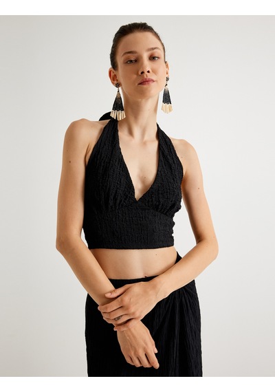 Koton Koton X Melis Ağazat - Halter Yaka Büstiyer Dokulu Siyah 4sak10734ek Siyah