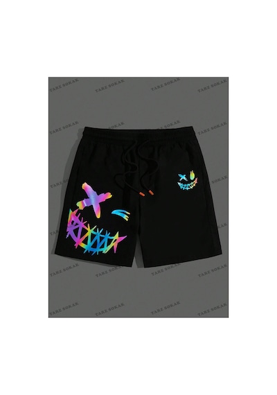 Tarzsokak Y2k Unisex Yaz Şort Bermuda Harajuka Anime Retro Kod-11580 Siyah