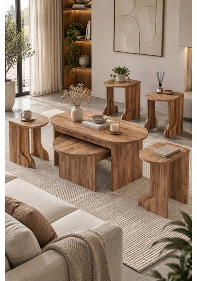 Sulorahome Orta Sehpa Ve Zigon Sehpa 5'li Set Kahverengi Açık Kahverengi