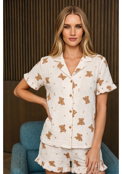 Kadın Casual Rahat Desenli Kar Beyaz Pijama Takımı