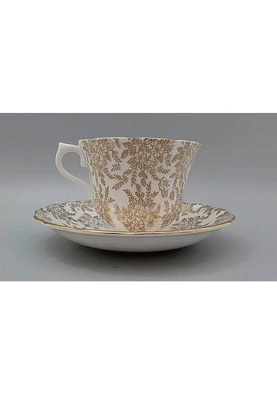 Vintage Porselen Çay Fincanı Ve Tabağı Seti, Altın Yaprak Desenli, Beyaz Ve Gri Çok Renkli