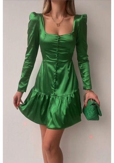 Munora Butik Önü Düğmeli Saten Yeşil Elbise Yeşil Yeşil