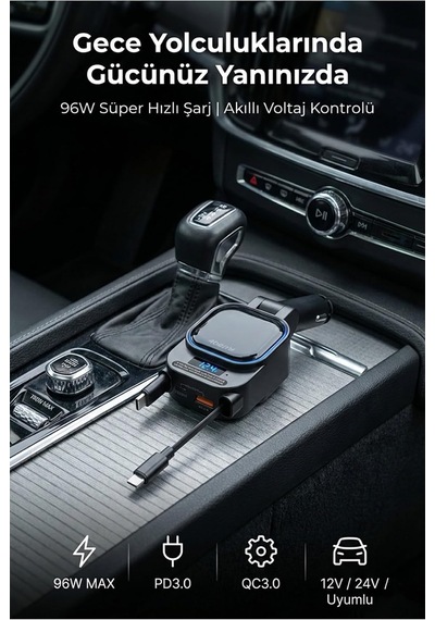 Sc07 96w Araç Şarj Cihazı Pd3.0 & Qc3.0 Hızlı Şarj, Çift Toplanabilir Kablo Type-c + Lightning , Led Ekran,