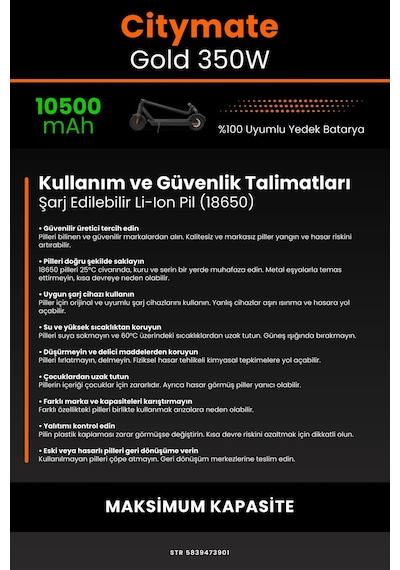 Citymate Gold 350w / 36v 10500mAh Elektrikli Scooter Bataryası