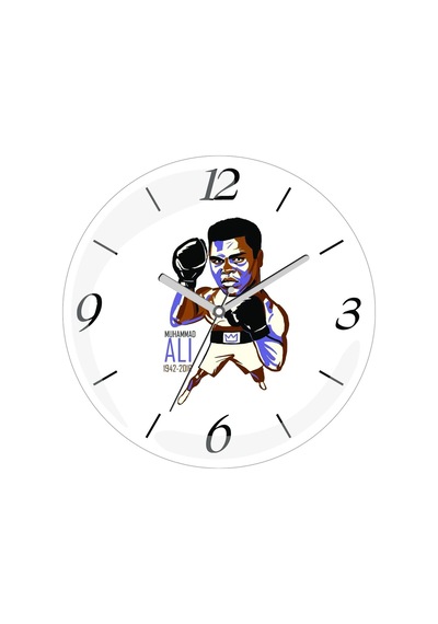 Muhammed Ali Boks Eldiven Çap 30cm Sessiz Akar Bombeli Gerçek Cam Duvar Saati Çok Renkli