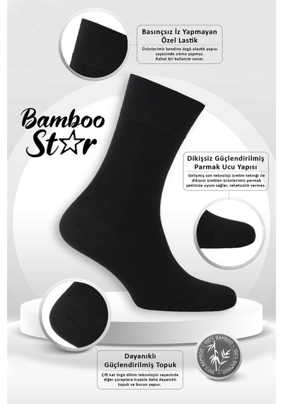 Bamboo Star Bambu Erkek Soket Uzun Düz Siyah Dikişsiz 3'lü Premium Kutulu Çorap