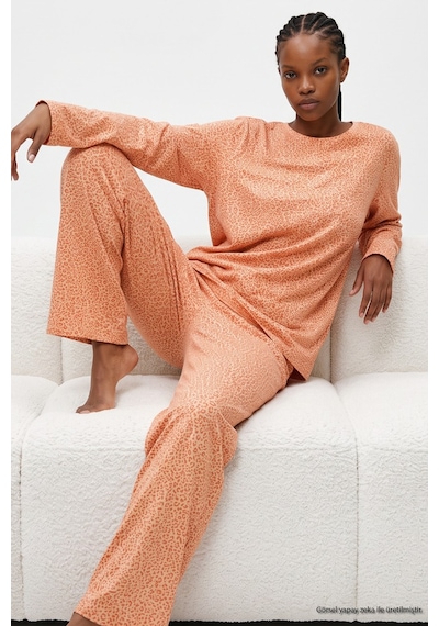 Siyah İnci Leopar Baskılı Örme Pijama Takım 8078 Somon Leopar