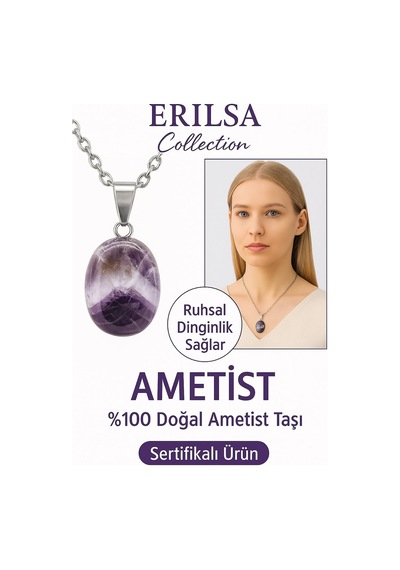 Erilsa Sertifikalı Aaa+ Oval Ametist Taşı Kolye - Gümüş Aparatlı Stresi Çok Renkli