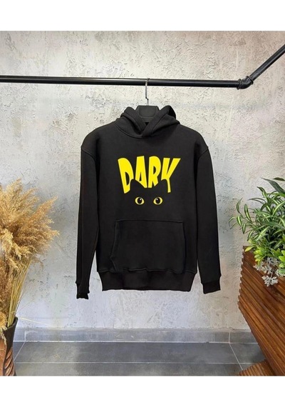 Startmore Siyah Oversize Kara Kedi Baskılı Kapüşonlu Pamuklu Unisex Sweatshirt Siyah