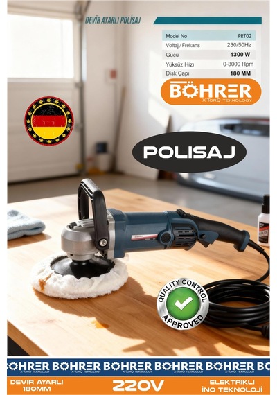 Böhrer Ba011225 180mm 6 Kademe Devir Ayarlı 1300w 3000rpm Oto Pasta Cila Polisaj Makinesi