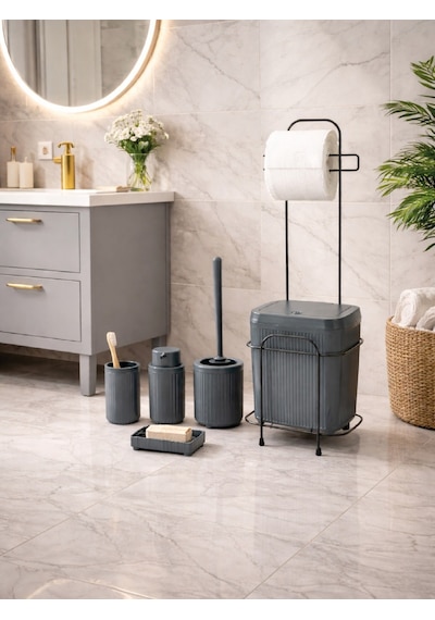 Decorev Standlı Antrasit 5 Parça Click Kapaklı Banyo Seti Dc-6804 Gri