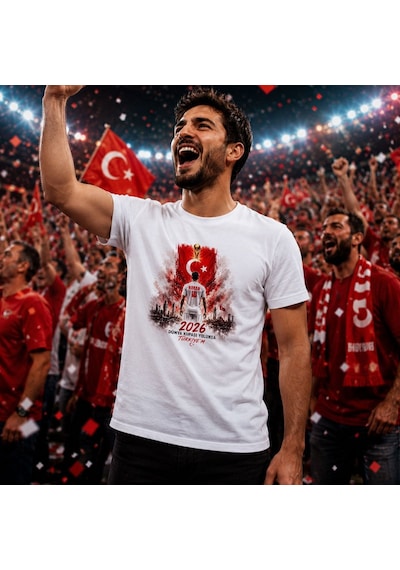 Bk Gift Kişiye Özel Türkiye Taraftar Temalı 2026 Dünya Kupası Tasarımlı Tişört-3, Tek Yürek Milli Takım Ruhu Beyaz
