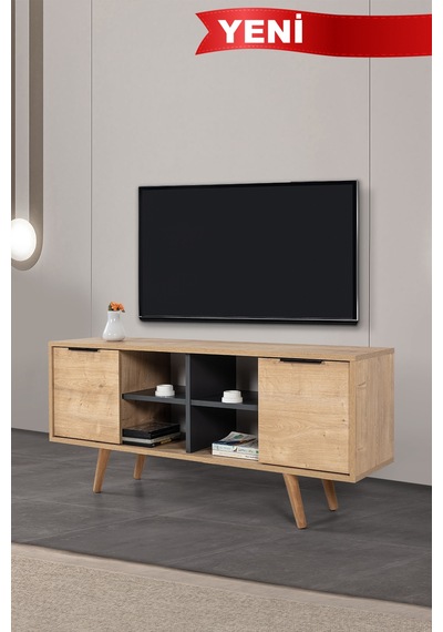 3319 Sina 130 Cm Ahşap Ayaklı , Metal Kulplu Tv Ünitesi , Safir - Antrasit , Tv Sehpası , Salon Safir - Antrasit