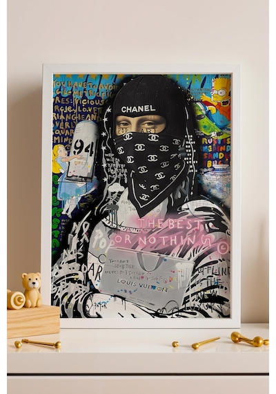 Chanel Maskeli Mona Lisa Çerçeveli Tablo Lüks Butik Güzellik Salonu Dekoru Street Art