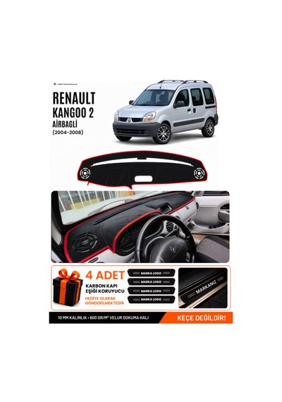 Renault Kangoo 2 Airbagli 2004-2008 Uyumlu Torpido Örtüsü, Torpido Kılıfı - Siyah Kırmızı