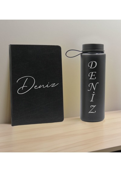 Bk Gift Kişiye Özel İsimli Siyah Defter Ve Cam Matara Hediye Seti-1, Sevgiliye Hediye, Arkadaşa Hediye, Yeni İş Hediyesi