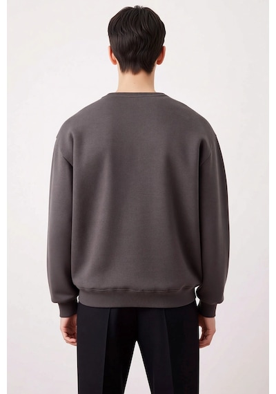 Benerly Erkek Bisiklet Yaka Düşük Kol Oversize Kalın Nakışlı Sweatshirt F Antrasit