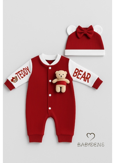 Babyden's Teddy Bear Temalı Yenidoğan Fitilli Tulum Takımı Ayıcıklı Kız Bebek Tulum Şapka Set %100 Pamuk Bordo
