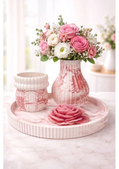 Rose Marble Dekoratif Vazo & Kokulu Mum Seti Kırmızı-beyaz