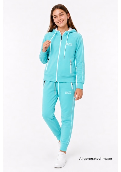 Pina Kids Kız Çocuk Scuba Unlimited Çift Şeritli Kapüşonlu Reglan Kol Dalgıç Kumaş Eşofman Takımı Esf7023 Su Yeşili