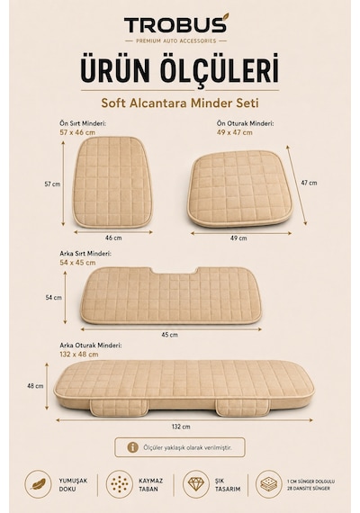Opel Astra 2000-2004 Üniversal Soft Alkantra Kare Desen 7 Parça Oto Koltuk Minderi Bej
