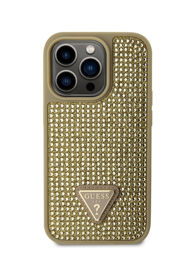 Apple Uyumlu iPhone 15 Pro Kılıf Guess Lisanslı Taşlı Arka Yüzey Üçgen Logolu Kapak Siyah