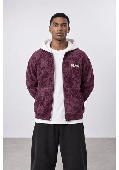 Respire Erkek Liberte Yazı Detaylı Yıkamalı Oversize Zip Bordo