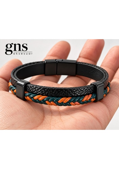 % 100 Deri 2 Li Kombin Erkek Bileklik Set 22 Cm Türk El Üretimi Kahverengi - Yeşil - Siyah