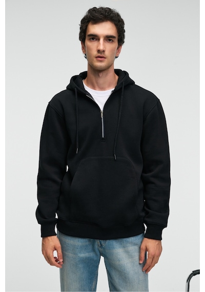 Grimelange JUSTUS Erkek Kapüşonlu Kanguru Cepli Fermuar Yakalı Siyah Sweatshirt