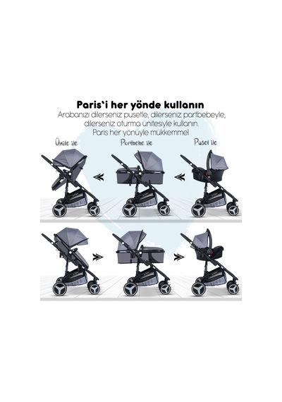 Baby Home Yeni Doğan 9 İn 1 Full Takım 945 Travel Sistem Bebek Arabası Angel Sepet Anne Yanı Beşik Gri - Siyah