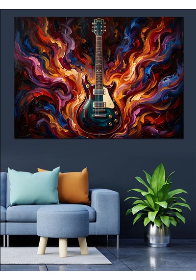 Alevler İçinde Elektro Gitar Sanatı Dekoratif Kanvas - Mdf Ahşap Tablo