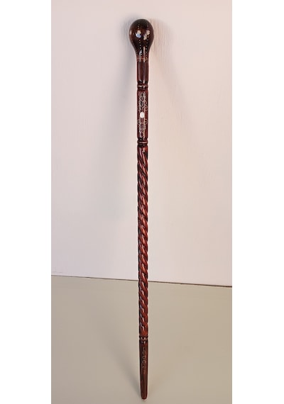Ahşap Baston Kt-02 Topuz Başlı Gürgen Oyma, Pirinç Tel İşlemeli Baston
