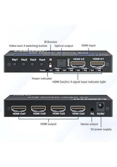 Hdmı 2x4 Matrix Switch 4k 60hz 2 Giriş 4 Çıkış Optik Ve 3.5mm Ses Çıkışı