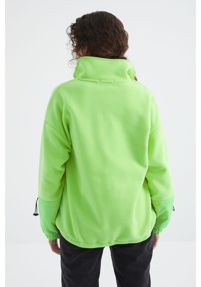 Tommy Life Neon Yeşil Etek Ucu Büzgülü Yarım Fermuarlı Oversize Kadın Polar Sweatshirt - 97238 Neon Yeşil