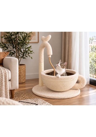 Pureza Kahve Fincanı Tasarımlı Kedi Yatağı, Sisal Tırmalama Direkli & Oyuncaklı Peluş Kedi Dinlenme Alanı