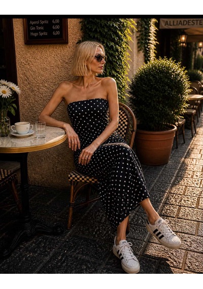 Monaco Dot Sraplez Siluet Elbise Denim Kumaş Midi Boy Lacivert