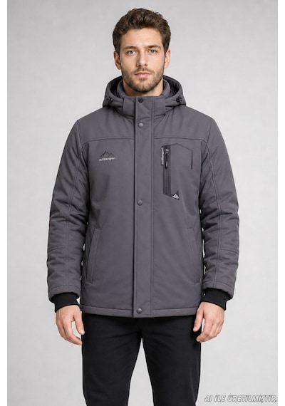 Freemen Erkek Kapüşonlu İçi Kürklü Su Ve Rüzgar Geçirmez Outdoor Softshell Mont-414 Gri
