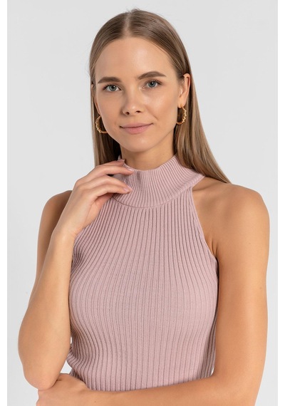 Miss Poem Kadın Kolsuz Slim Fit Boğazlı Fitilli Kısa Antrasit Triko Crop Pudra