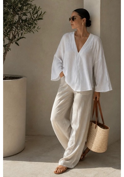 Bbbutikbasic Kadın Müslin Oversize Bluz Salaş Kesim Yazlık Basic Ceket My3535 beyaz