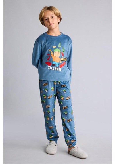 Defacto Stumble Guys Baskılı Kadife 2li Pijama Takımı Erkek Çocuk I3436a826cwbe764 Mavi-be764