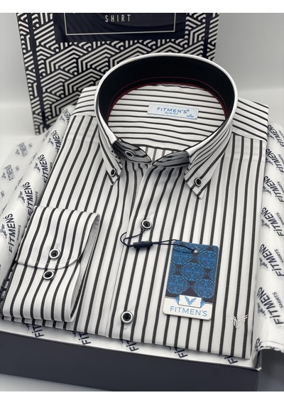 Slim Fit Uzun Kol Premium Kalın Çizgili Yaka Düğmeli Hediye Kutulu Kolay Ütülenebilir Erkek Gömlek Fs-001375 - Beyaz Siyah-2900
