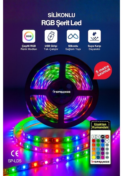 5 Metre Rgb Şerit Led 16 Renkli Kumandalı 4 Modlu Ayarlanabilir Işık 5v Usb Silikon Neon Led RGB