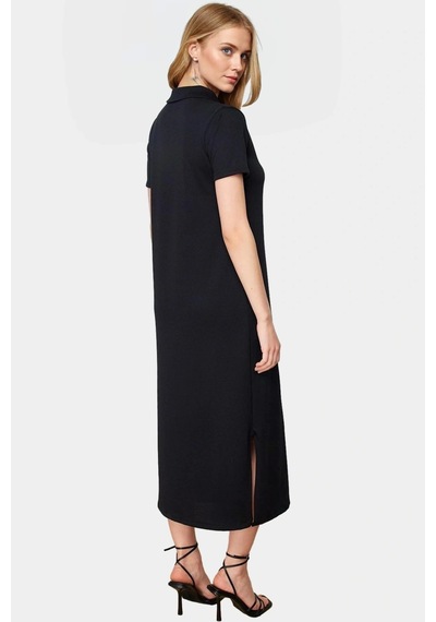 Ersefa Günlük Kullanım İçin Şık Polyester Midi Elbise Polo Yaka Görünüm Siyah