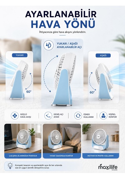 Breeze Mg-5146f Şarjlı Mini Masa Vantilatörü Led Işıklı 3 Kademeli Usb Type-c