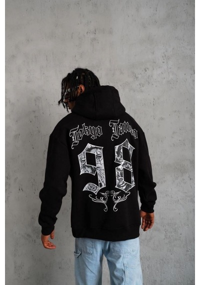 98 Baskılı Kapşonlu Sweat - Siyah -