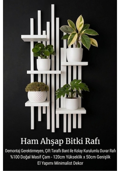 Woodstore Premium Masif Ahşap Duvar Rafı - 120x50 Cm Delmesiz Kurulum Bitkilik Beyaz