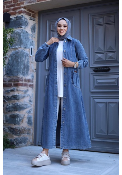 Harman Butik Kadın Düğmeli Cepli Kar Yıkamalı Denim Kot Kap Koyu Kot Mavi Koyu Kot Mavi
