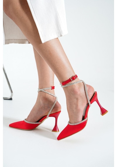 Duxal Shoes Bordo Saten Bilekten Bağlamalı Topuklu Kadın Ayakkabı Kırmızı