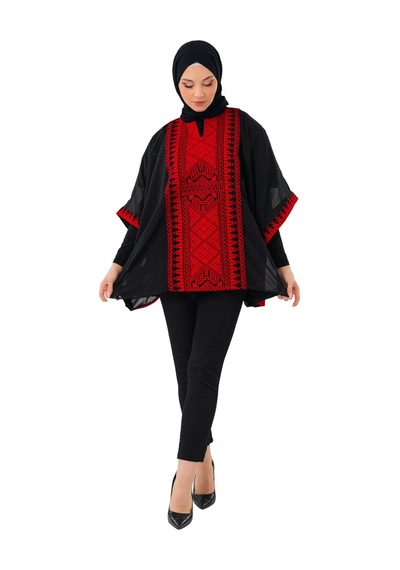 Zaytoon Bol Kollu Nakışlı Oversize Kap Banşo Kadın Kabı Freesiz C100051 Kırmızı