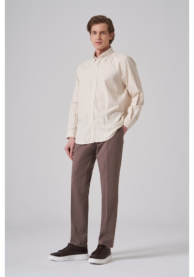Morven Erkek Bej Pamuk Trend Çizgili Regular Fit Düğmeli Yaka Gömlek 26ms004013653 Bej